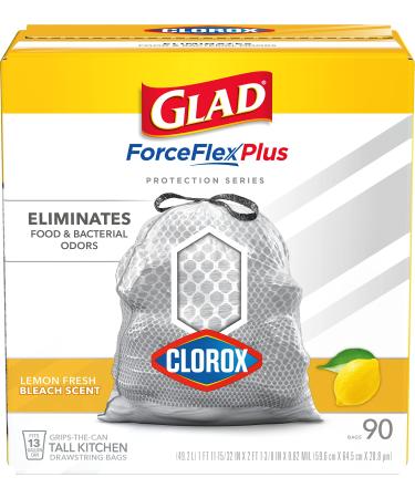 Glad Protection Series ForceFlex Plus Drawstring Lemon Fresh Bleach Odor Shield with Clorox 13 Gallon 90ct