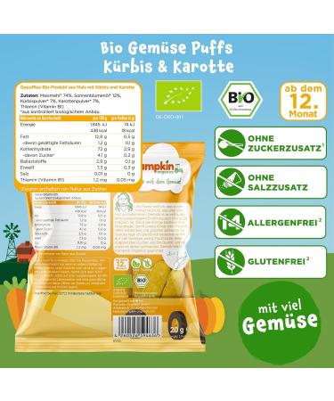 Buy Pumpkin Organics Children's Naca Bio Vegetable Puffs - Allergen-Free & Gluten-Free Baby Snacks (8x20g) - Healthy Pumpkin & Carrot Treats for Kids 12+ Months - Buy Online on SooperMarket.com