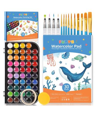 Funto Watercolor Set  48 Color Paint Set  10 Brushes  4 Refillable Water Brush Pens  30 Page Pad(9x12)  Masking Tape  Sponge  Palette  Painting Kit for Kids  Adults  Beginners
