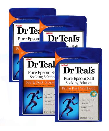 Dr Teal's Epsom Salt 4-pack (12 lbs Total) Pre & Post Workout with Magnesium Sulfate and Menthol