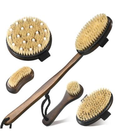 5 Pcs Dry Brushing Body Brush Set Wood Body Dry Brush Long Handle Face Back Scrubber with Soft and Stiff Bristles Shower Bath Brush Exfoliating Massager for Back  Cellulite  Feet