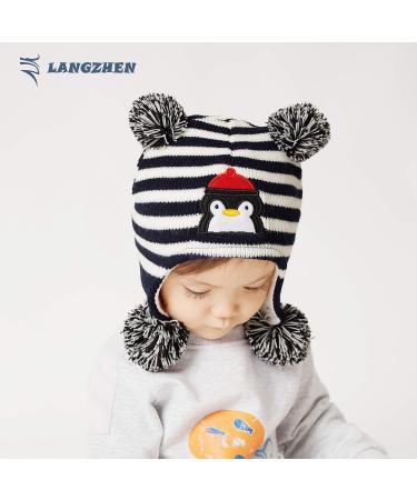 LANGZHEN Toddler Winter Hat | Earflap Knit Beanie for Baby Boys Girls 2-4 Years | Fleece Lined | Penguin Design | Black Stripe - Buy Online on SooperMarket.com