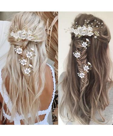 Bridal Flower Wedding Hair Pins - Crystal Pearl Clips Headpiece for Brides - Gold Hair Accessories with Rhinestone - Pure White Flower - 5 Count - Buy Online on SooperMarket.com