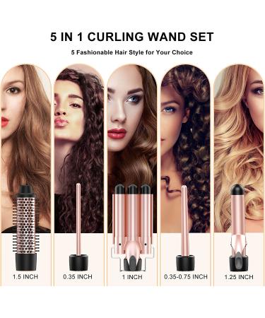 8-in-1 Beach Wave Curling Iron Wand Set for Long and Short Hair - 30s Heat-up, 5 Ceramic Barrels, 2 Heat Settings - Rosa Gold - Buy Online on SooperMarket.com