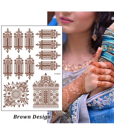 Brown Henna Temporary Tattoo Stickers - 80+ Exquisite Patterns for Women & Girls - Waterproof Fake Tattoos for Wedding & Festive Party Decorations - 6Pcs (Brown) - Buy Online on SooperMarket.com