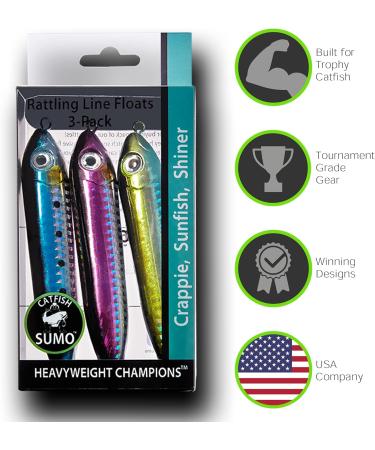 Catfish Rattling Line Float Lure 4 inch (3-Pack) - Demon Dragon Style Peg for Santee Rig Fishing - Green Sunfish Blue Crappie Purple Shiner - Buy Online on SooperMarket.com