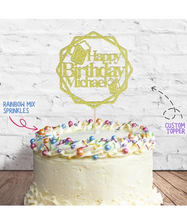 Cakeshop Cake Decoration Pack | Round Beers Happy Birthday Premium Double Sided Glitter Card Cake Topper & 25g Party Pack of Cake Sugar Sprinkles | Custom Name Cake Decorations (Champagne) Non-Prime Glitter Card: Champagne - Buy Online on SooperMarket.com