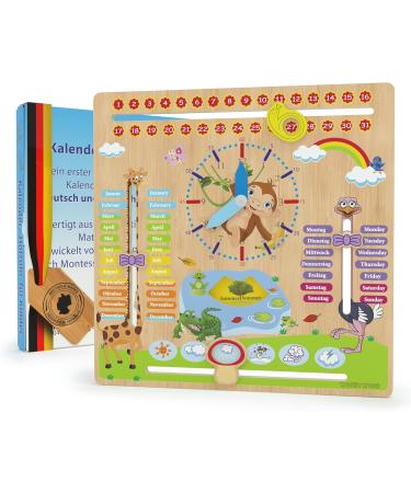 Woodywood Calendar Watch for Children - Bilingual Montessori Learning Clock in Wood - 30x30 cm - Teach Time Date & More Ideal Gift for Kids - Buy Online on SooperMarket.com