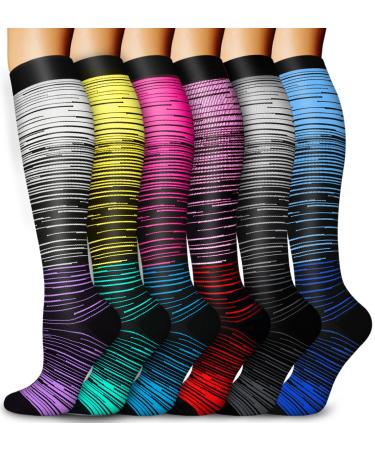 Blongw compression stockings for men 6 pairs of knee socks Support stockings compression socks for sports flight running travel cycling A5-Assorted 09 L-XL