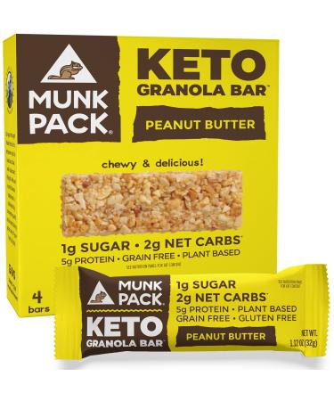 Munk Pack Keto Granola Bar, Grain Free, Vegan, 1g Sugar, 2g Net Carbs, 5g Protein, Peanut Butter, 1.12 Ounce (Pack of 4)