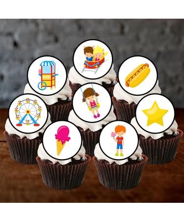 24 Fun Fair Carnival Theme Edible Cupcake Toppers - Stand Up Disc Wafer Cake Decorations - Buy Online on SooperMarket.com