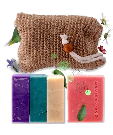 Luxury handmade soap solid 4 -pack with sisal soap bags: core soap for body & face - men & women - Patschuli lavender lemon eucalyptus - without palm oil moisturizing and calming with sisal soap bag