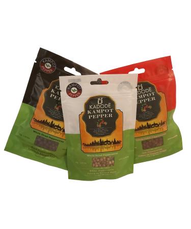 Kadode Kampot Pepper Variety Pack of Black Red and White Peppercorns for Grinder Organic Authentic Cambodian Kampot Pepper Natural Fair-Trade and Traceable to The Farmer (Pack of 3 x 50g Each)