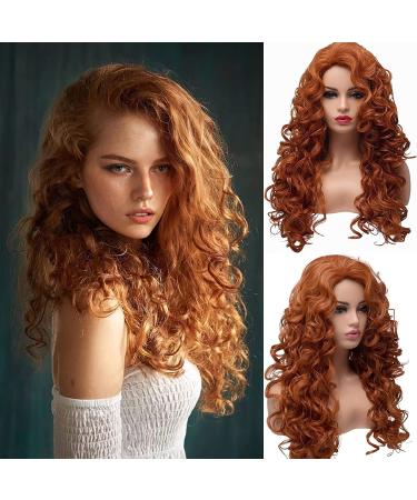 Copper red long hair curly wavy full head halloween wigs for women cosplay costume party (disposable) (copper red) copper red
