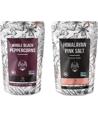 Soeos Whole Black Peppercorns 16oz + Himalayan Pink Salt 2lb, Salt and Pepper for Grinders, Black Peppercorn Refil, Pink Himalayan Sea Salt., 2 Piece Set