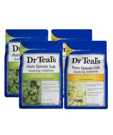 Dr Teal's Pure Epsom Salt Bath Variety Gift Set (4 Pack 3lbs Ea.) - Relax & Relief Eucalyptus & Spearmint Comfort & Calm with Chamomile - Essential Oils Relieve Stress & Clear The Mind