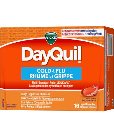 Vicks DayQuil Cold and Flu Medicine Cough Suppressant Nasal Decongestant Pain & Fever Reducer Non-Drowsy Formula 16 Liquid Capsules 16 Count - Buy Online on SooperMarket.com