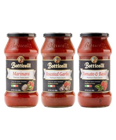 Botticelli Pasta Sauce (Pack of 3) - Tomato & Basil, Roasted Garlic and Marinara Sauce Premium Variety Pack for Low Carb Spaghetti Sauce, Pizza, Dip, & Soup - Made With Italian Organic Tomatoes - 24oz