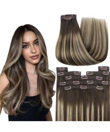 Youngsee clip in Extensions real hair brown ombre real hair extensions clip short 30 cm clip in extensions dark brown with ashblond clip in hair recovery real hair clip in hair 80g #4/16/4 30 cm (7Pcs) 1-clip-4- #4/18/4