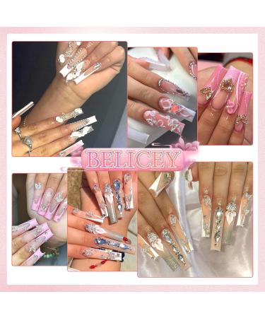 BELICEY 1000PCS 3D Nail Charms - Cute Butterfly Bow Star Heart & Moon Designs for Nail Art DIY - Includes Picker Pencil & Tweezer - Pink & White Flower Collection - Buy Online on SooperMarket.com