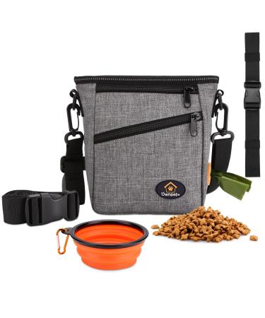 Ownpets Dog Training Pouch Pet Treat Training Pouch with Collapsible Bowl Shoulder Strap & Waist Strap 4 Ways to Wear Practical Training Bag for Dog Training Daily Walks - Grey 20x7x18CM