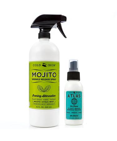 Cold Iron Wrinkle Release Spray for Clothes. 32 fl oz. Citrus Mint & Atlas Travel Size 3 fl oz Sea Breeze. Fast, Easy to Use Ironing Alternative. Spray, Smooth, Hang. Award Winning