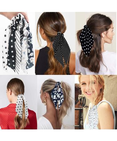 Funlovin Black White Scarf Scrunchie Hair Ribbon Ties Set - Elegant Ponytail Scrunchies with Tails for Women (6pcs) - Buy Online on SooperMarket.com