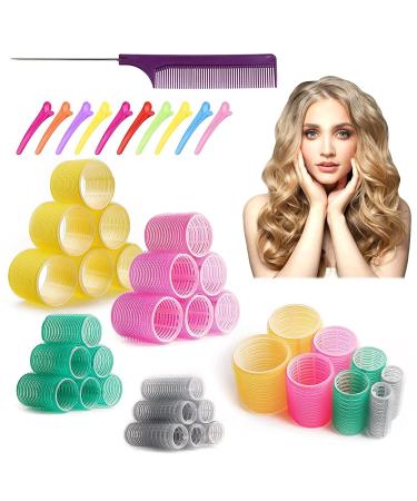 Mabufun Jumbo Hair Rollers Set Hair Rollers Self Grip Curlers For Long Hair No Heat Curlers Heatless Hair Rollers With Clips & Comb 24 Packs (Yellow Pale Red.Green Grey 24Pcs)
