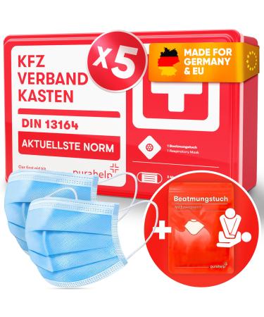 Purahelp 5x car bandage box according to the current standard 2024 DIN 13164 (STPO compliant) - including ventilation towel 2x climbing strips - first aid set of car first aid car 2024 5 pieces