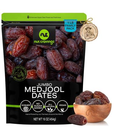 Sun Dried Jumbo Medjool Dates, No Sugar Added (16oz - 1 LB) Packed Fresh in Resealable Bag - Sweet Dehydrated Fruit, Snack Treat - Healthy Food, All Natural, Vegan, Kosher Certified 16 Ounce