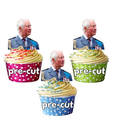 PRE-CUT King Charles III Coronation Edible Cupcake Toppers Cake Decorations (12 Pack)