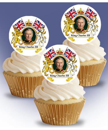 24 x Pre-Cut King Charles III Coronation Edible Stand up Wafer/Rice Paper Cupcake Cake Dessert Toppers Royal Party Union Jack Birthday Decorations