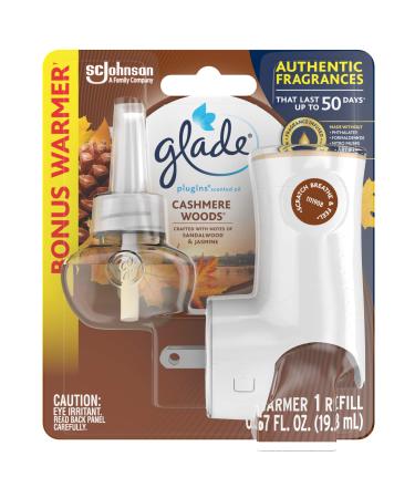Glade PlugIns Refills Air Freshener Starter Kit, Scented Oil for Home and Bathroom, Cashmere Woods, 0.67 Fl Oz, 1 Warmer + 1 Refill Cashmere Woods 0.67 Fl Oz (Pack of 1)