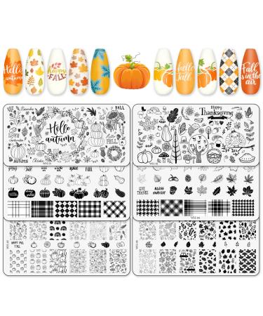 Whaline 6Pcs Fall Thanksgiving Theme Nail Art Stamping Plate Kit Various Pattern Pumpkin Maple Autumn Blessing Collection Nail Art Plate for Thanksgiving Day Nail Art Design DIY Print Manicure Salon