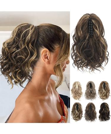 REECHO Ponytail Extension Claw Clip in Ponytail Hair Extensions 10 Inch Short Curly Ponytail Natural Wavy Synthetic Hairpiece for Women Brown with Honey Blonde Highlights 10 Inch Brown with Honey Blonde Highlights