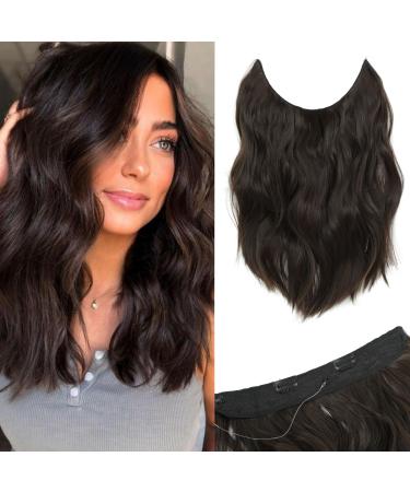 Ms Taj Halo Hair Extensions Natual Dark Brown with Adjustable Size Removable Clips Invisible Secret Hair Extension 12inch One Piece Synthetic Dark Brown Curly Hair Pieces for Women 12 Inch Natural Dark Brown
