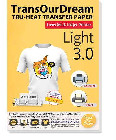 TransOurDream Iron on Heat Transfer Paper for Light T Shirts (20 Sheets 8.5x11  3.0) Printable HTV Heat Transfer Vinyl for Inkjet & Laserjet Printer Iron On transfers for T Shirts (TRANS-L3-1-20)