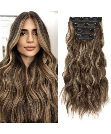 REECHO Blonde Hair Extensions, 4PCS Clip in Hair Extensions 20" Thick Long Beach Wave Synthetic Hairpieces for Women - 6H12 Chocolate Brown with Blonde Highlights 24 Inch-280 Gram (Pack of 4) 6H12-Chocolate Brown with Blonde Highlights-Wavy
