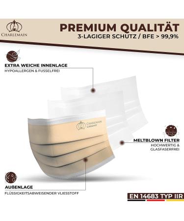 Buy Charlemain 50x Medical Masks - EN 14683 Type IIR BFE 99.9% Latex-Free 3-Layer Protection Made in Germany One-Way Face Masks (Beige) - 50 Pieces Pack - Buy Online on SooperMarket.com