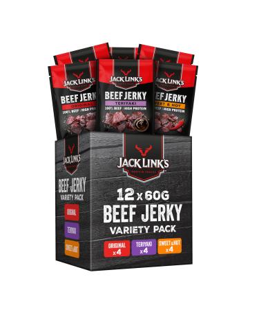 Jack Link's Beef Jerky Mixed Case 60 G - Pack of 12 (12 x 60 g) - Protein -Rich Beef Dried High Protein Dried Meat - In 3 variants mixing box 60 g (12 pack)