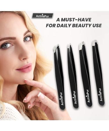 ActivePur 4 Pcs Precision Tweezers Set for Facial Hair, Ingrown Hair, Blackheads - Stainless Steel Professional Tweezer Set with PU Bag - Buy Online on SooperMarket.com
