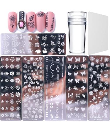 Nail Art Plates 6 pieces Nail Stamping Plate Nagel Stamping Stencils with 1 piece transparent stamp 1 piece of scraper nail art tool for women girls