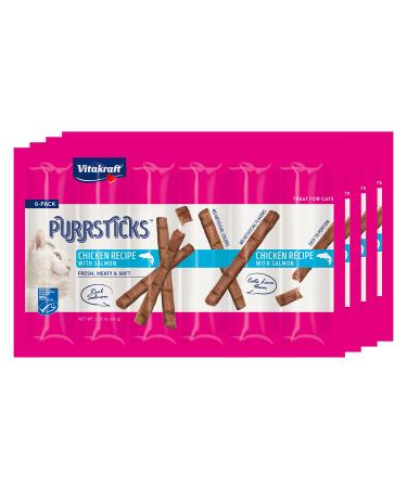 Vitakraft PurrSticks Meaty Cat Sticks - Segmented and Breakable Meatstick - Deliciously Tender Chicken with Salmon, 24-Pack