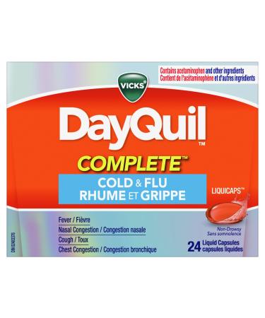 Vicks DayQuil COMPLETE Cold and Flu LiquiCaps Medicine Non-Drowsy Daytime Multi-Symptom Relief for Cough Congestion Fever Sore Throat Pain 24 Count 24 Count (Pack of 1)