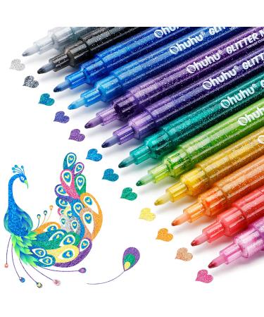 Ohuhu Glitter Markers Pen 12 Glitter Colors Metallic Marker Fine Point Tip Water-based Ink for Kids Adults DIY Crafts Greeting Birthday Cards Making Poster Album Scrapbooking Mugs Wood