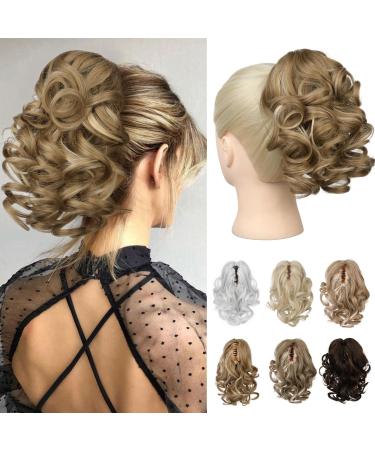 REECHO 9" Short Ponytail Extension Classic Loose Curly Wavy Claw Clip Pony tails Hair Extensions HP001 Hairpieces for Women - Medium Blonde with Blonde Highlights