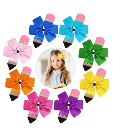 Whaline 8Pcs Back to School Bow Hair Clips Colorful Pencil Hair Bow Barrettes Ponytail Holder Grosgrain Hairgrips Cheer Hair Bows Tie for First Day of School Girl Student Cheerleader Hair Accessories