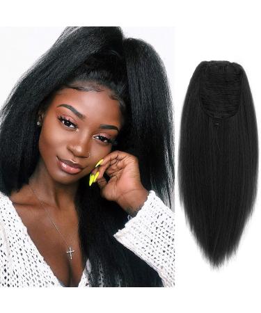 Allyreetress Natural Black Yaki Drawstring Ponytail Extension for Black Women Kinky Staight Up Down Ponytails Synthetic Hair Extensions 20 Inches Clip in (1B Black) 20 inches 1B