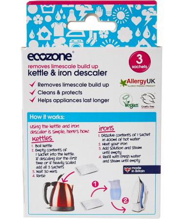 Ecozone Kettle and Iron Descaler: Natural Vegan Formula for Limescale Removal - 3 Treatments - Buy Online on SooperMarket.com