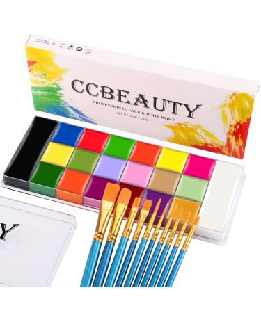 CCbeauty Professional Face Body Paint 20 Colors(6 UV Glow + 14 Classic Colors) Halloween Neon Face Painting Set, Oil Based Large Black White Body Paints for SFX Cosplay Costume Makeup with 10 Brushes 02# 20 Colors